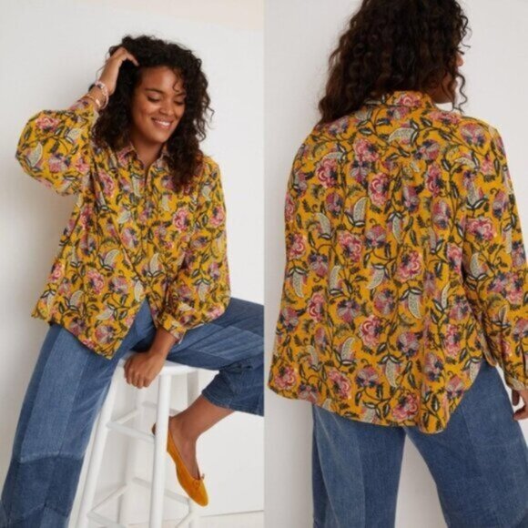 Anthropologie Pilcro Sigourney Corduroy Buttondown Yellow Floral Motif - Picture 1 of 9